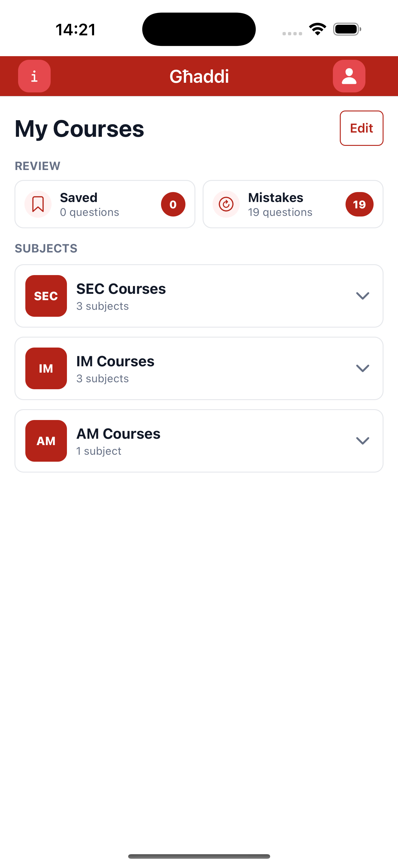 Ghaddi course list screen